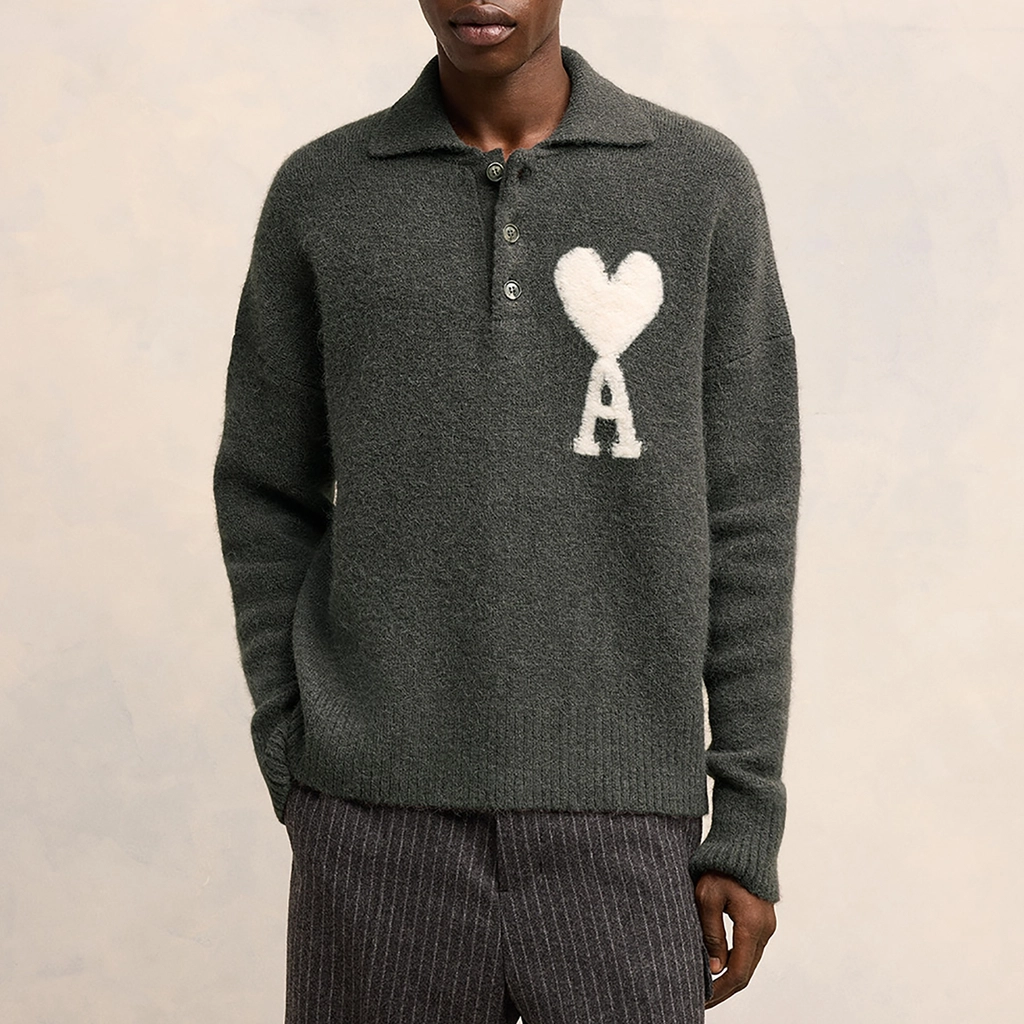 AMI Paris Off White De Coeur Alpaca-Blend Polo Shirt - XL